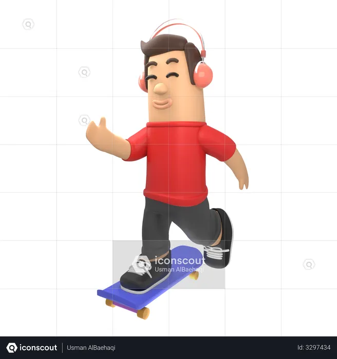 Boy riding skateboard while listening music  3D Illustration