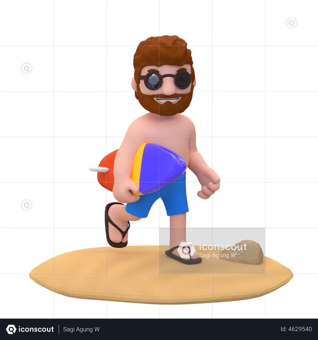 Boy running while carrying surfboard on the beach  3D Illustration