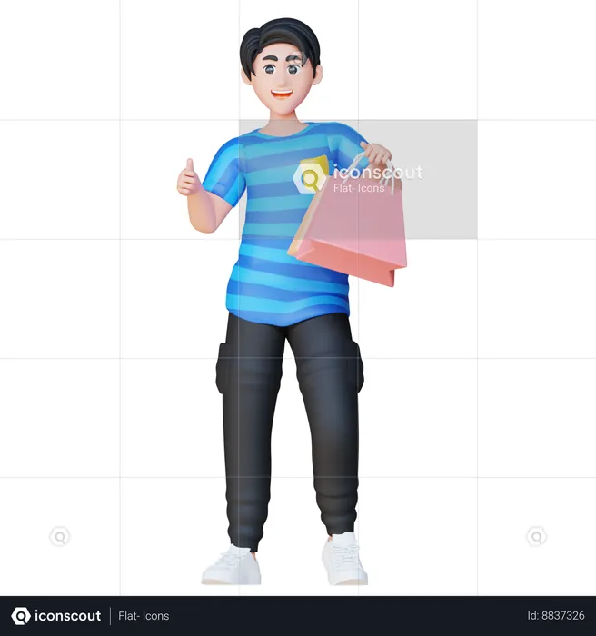 Boy Showing Thumbs Up While Holding Shopping Bags  3D Illustration