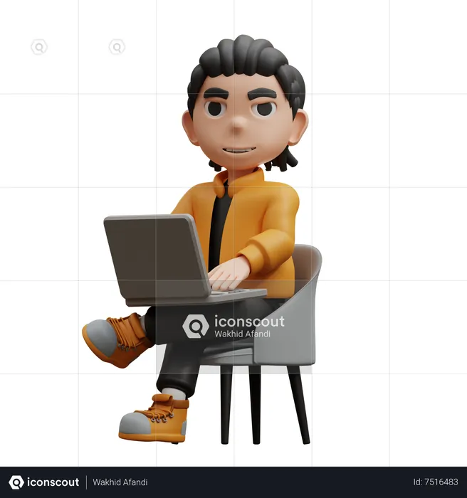 Boy Sitting By Typing On Laptop  3D Illustration