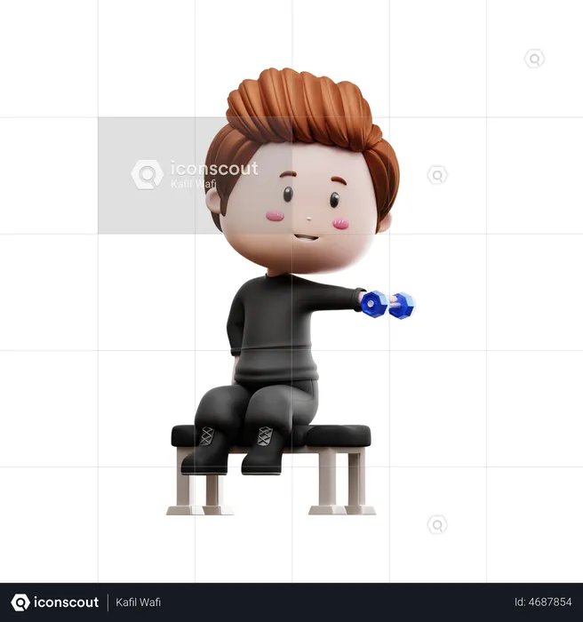 Boy Sitting Holding Barbell  3D Illustration