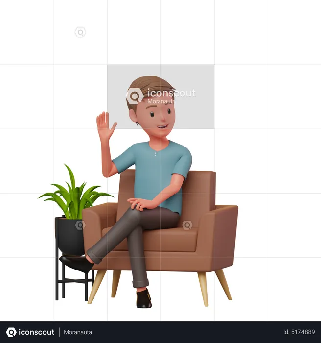 Boy Sitting On A Sofa Waving Hand  3D Illustration