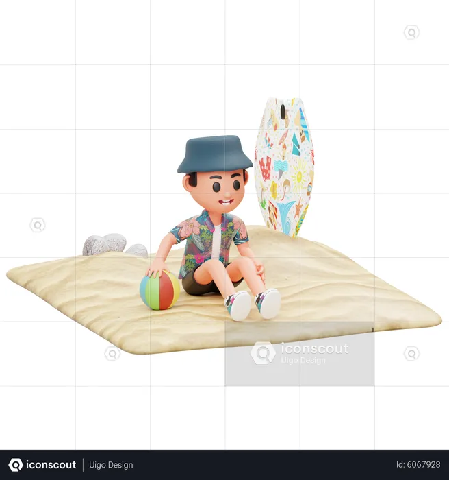 Boy Sitting On The Sand and playing with ball  3D Illustration