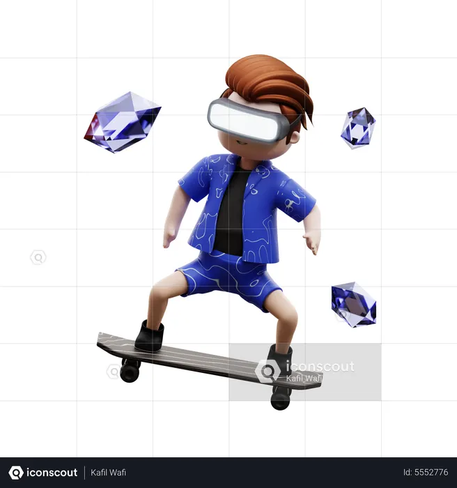 Boy Skating Using Vr Headset  3D Illustration