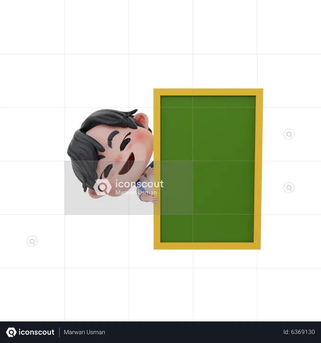 Boy sneaking from behind green board  3D Illustration
