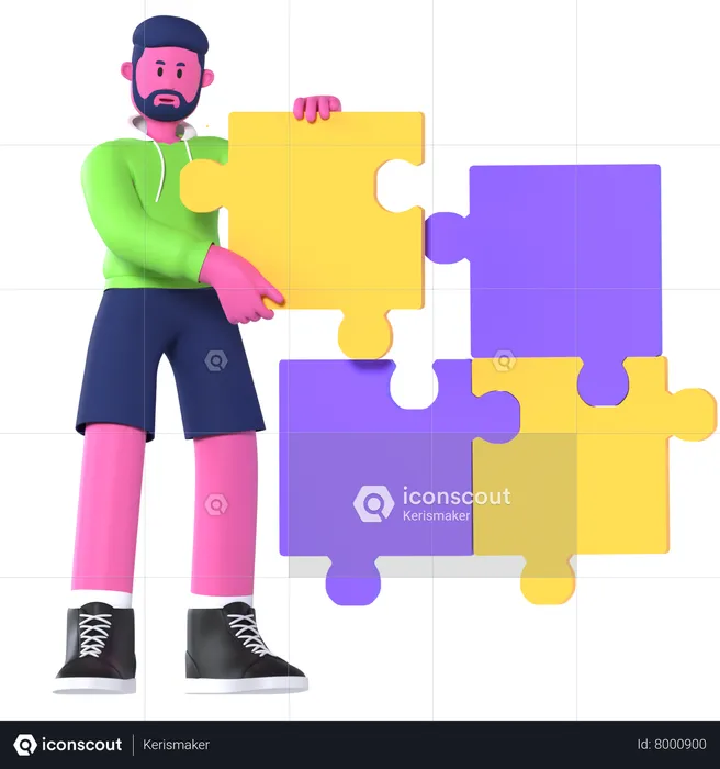 Boy Solving Jigsaw Puzzle  3D Illustration