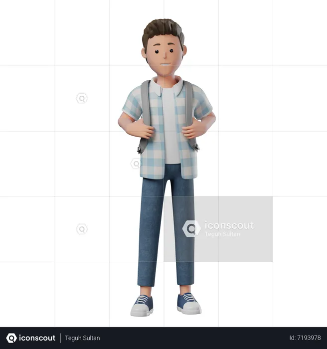 Boy Standing Happy holding backpack  3D Illustration