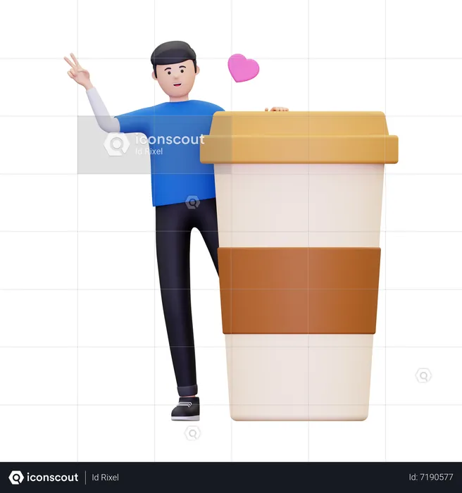 Boy standing next to coffee cup  3D Illustration