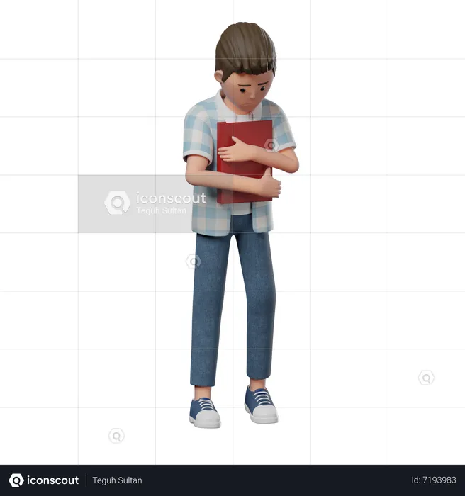 Boy Standing Sad Holding Book  3D Illustration