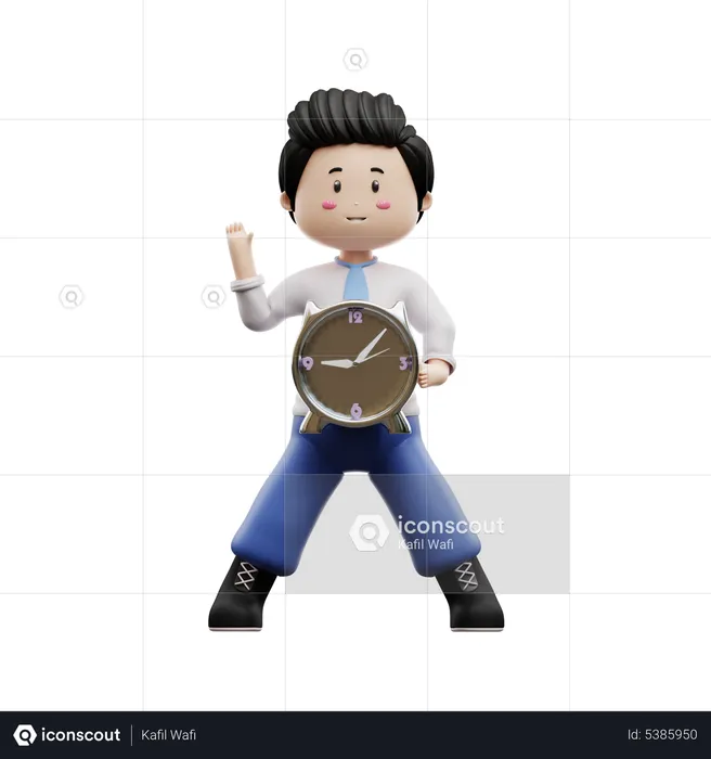 Boy Student Holding Alarm Clock  3D Illustration