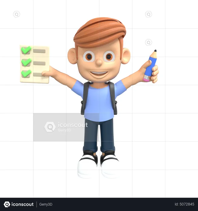 Boy student holding exam paper  3D Illustration