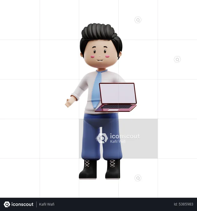 Boy Student Holding Laptop  3D Illustration