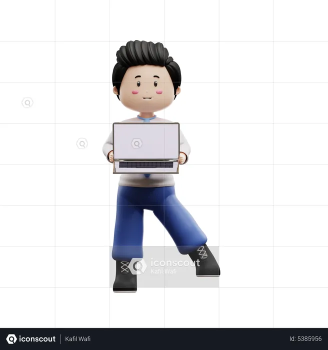Boy Student Holding Laptop  3D Illustration