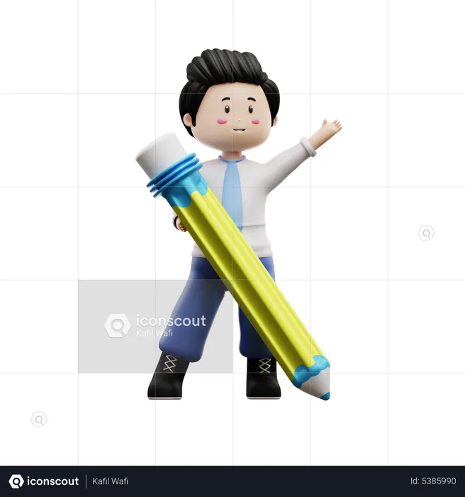 Boy Student Holding Pencil  3D Illustration