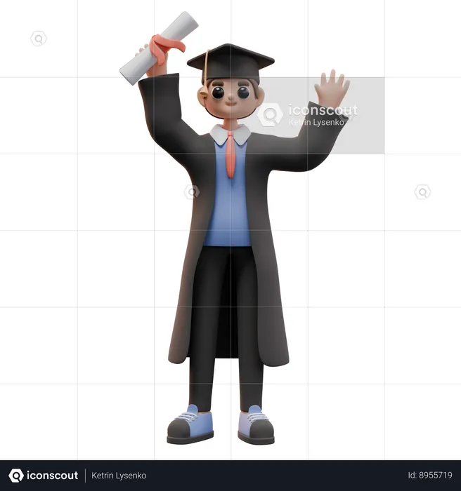 Boy Student Is Holding Graduation Diploma And Wave Hand  3D Illustration