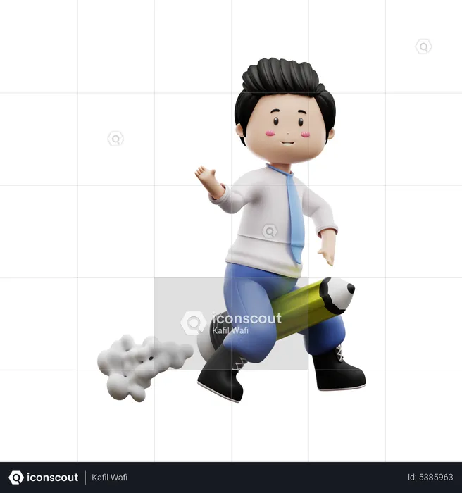 Boy Student Riding Pencil Rocket  3D Illustration