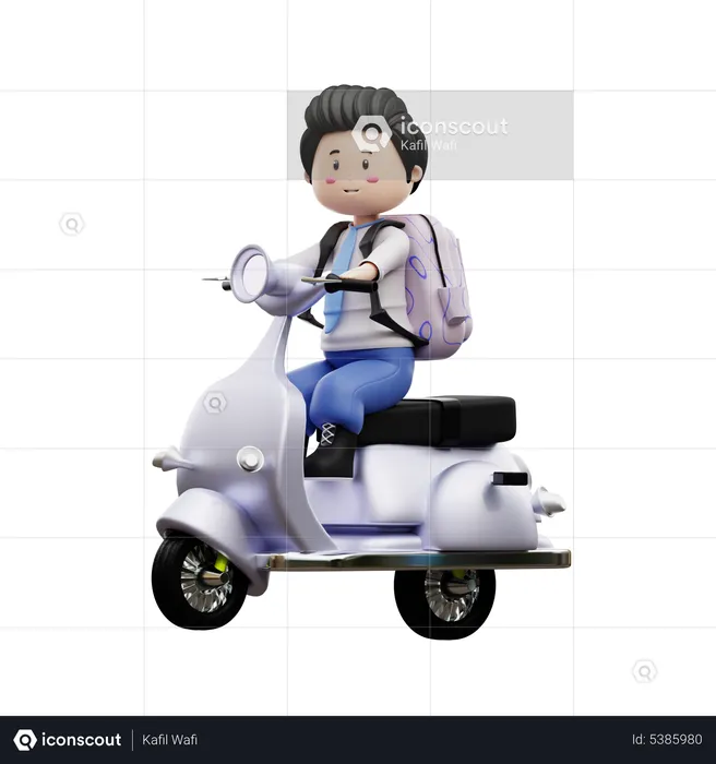 Boy Student Riding Scooter  3D Illustration