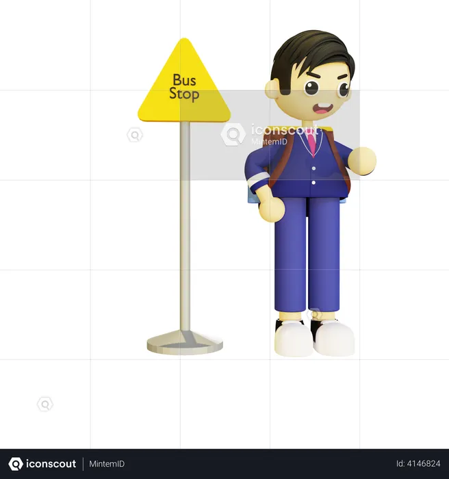 Boy student standing at bus stop  3D Illustration