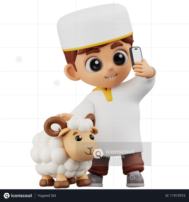 Boy Take Photo With Sheep  3D Illustration