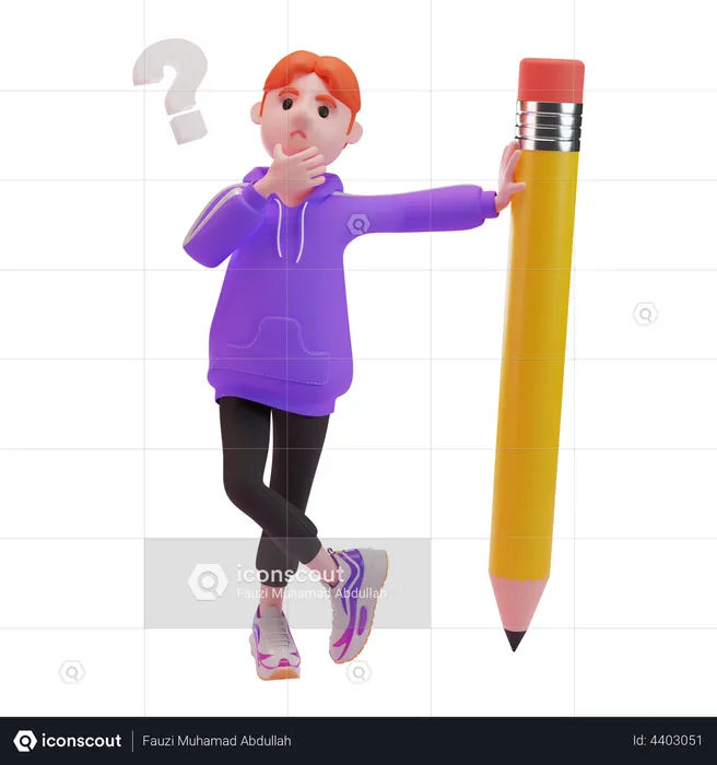 Boy thinking about something stand beside pencil  3D Illustration