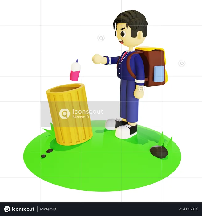 Boy throwing garbage in bin  3D Illustration