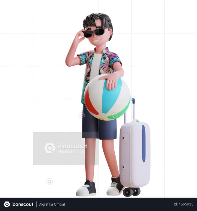 Boy Travel on Beach with Beach ball  3D Illustration