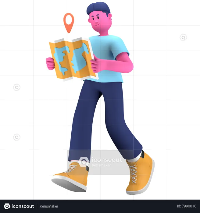 Boy travel using map  3D Illustration
