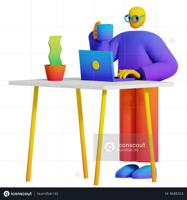 Boy Typing in Laptop on Desk with Coffee  3D Illustration