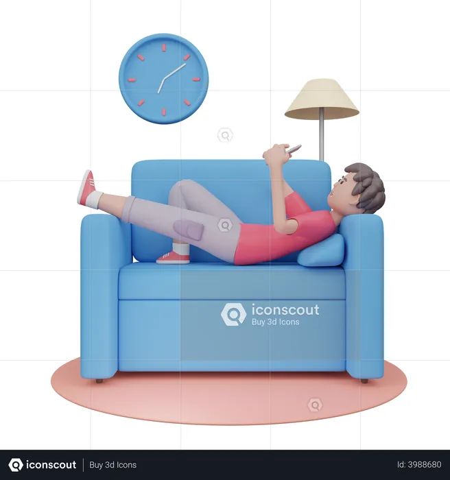 Boy Using Mobile On Couch  3D Illustration