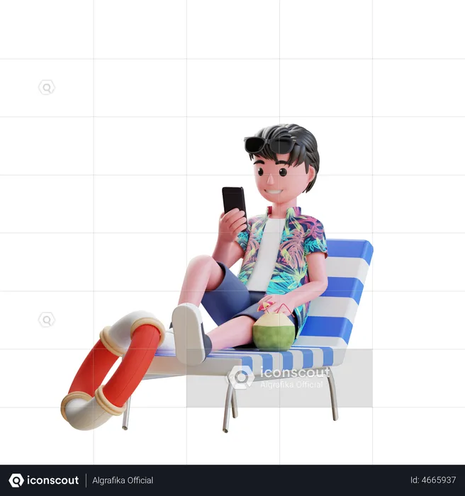 Boy using mobile while sitting on beach chair  3D Illustration