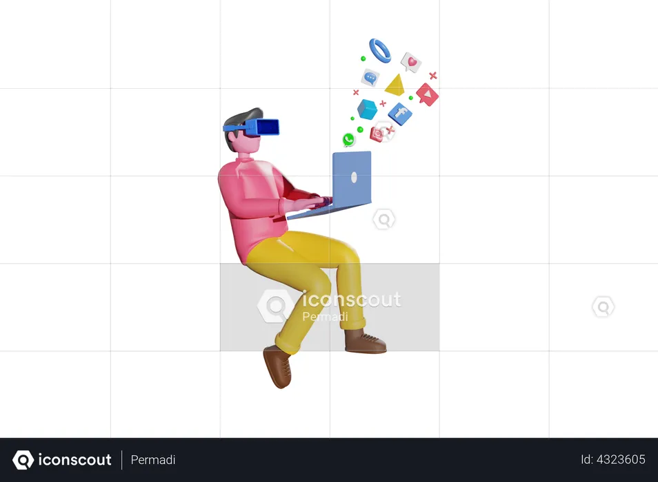 Boy using social media by VR  3D Illustration