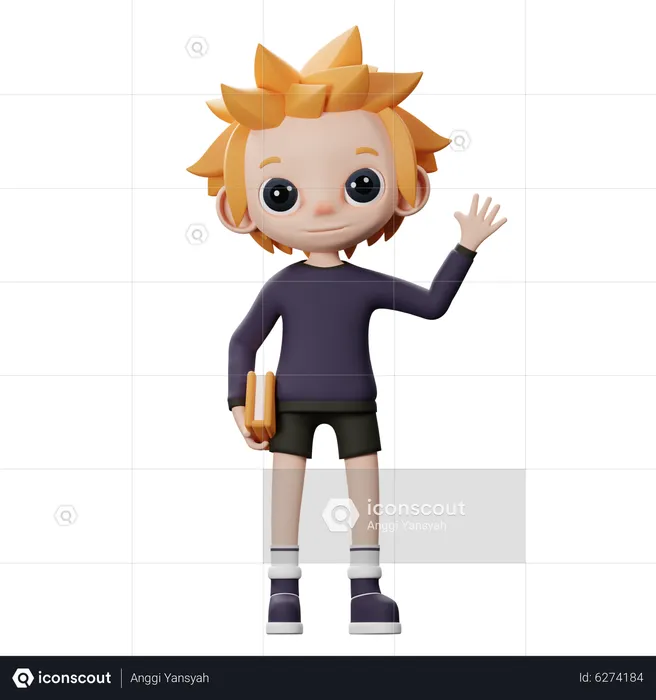 Boy waiving hand and holding book  3D Illustration