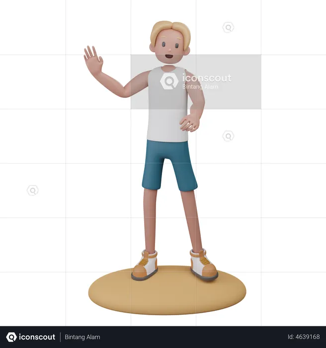 Boy waving hand while enjoying at beach  3D Illustration