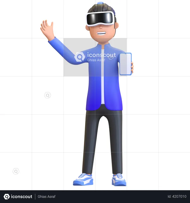 Boy wearing virtual reality headset  and holding smartphone  3D Illustration