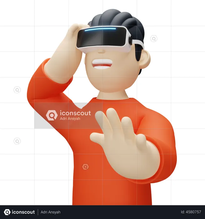 Boy wearing virtual reality headset and waving hand  3D Illustration
