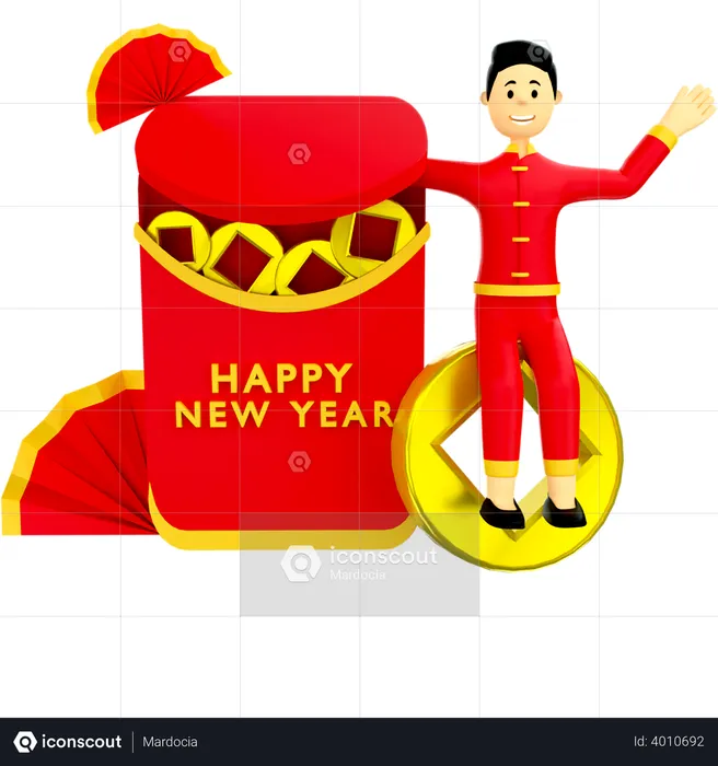 Boy with Chinese new year envelop  3D Illustration