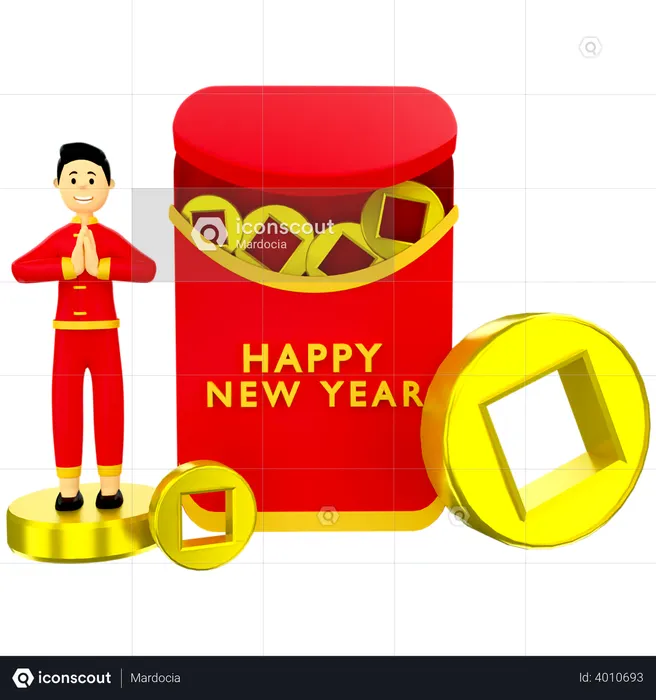Boy with Chinese red envelop  3D Illustration