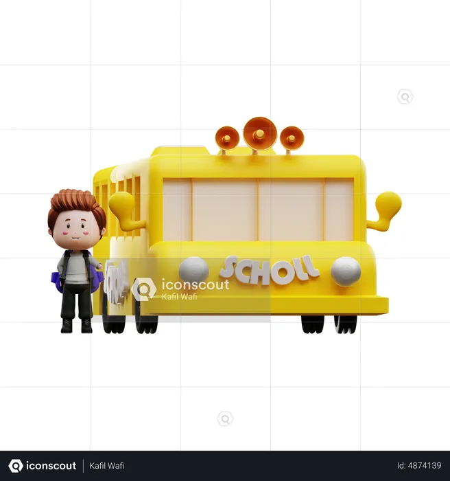 Boy with school bus  3D Illustration