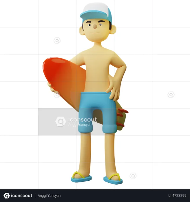 Boy With Surfing Board  3D Illustration