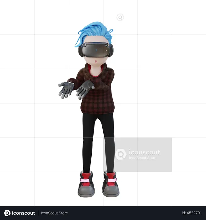 VRゴーグルを装着して何かを見せている少年  3D Icon