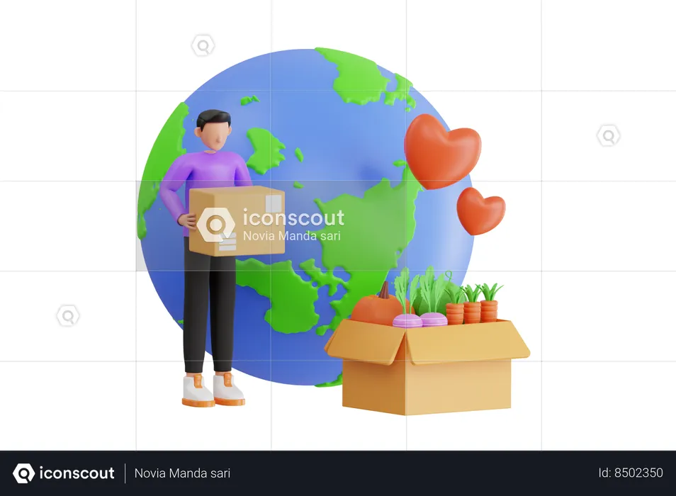 Boy Working For Donations Around World  3D Illustration