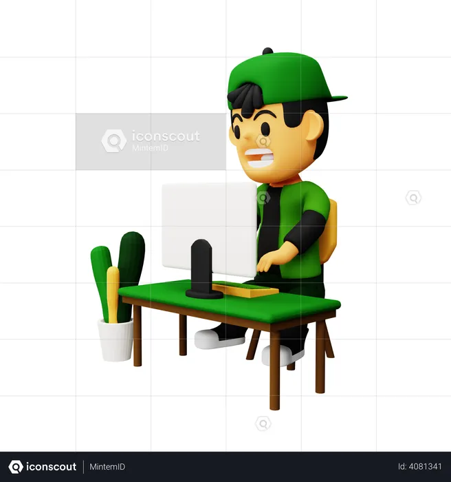 Boy working on computer  3D Illustration