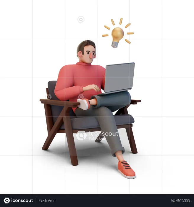 Boy working on laptop with idea  3D Illustration