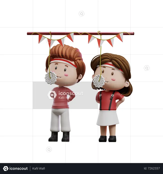 Boys And Girls Eating Crackers Competition  3D Illustration