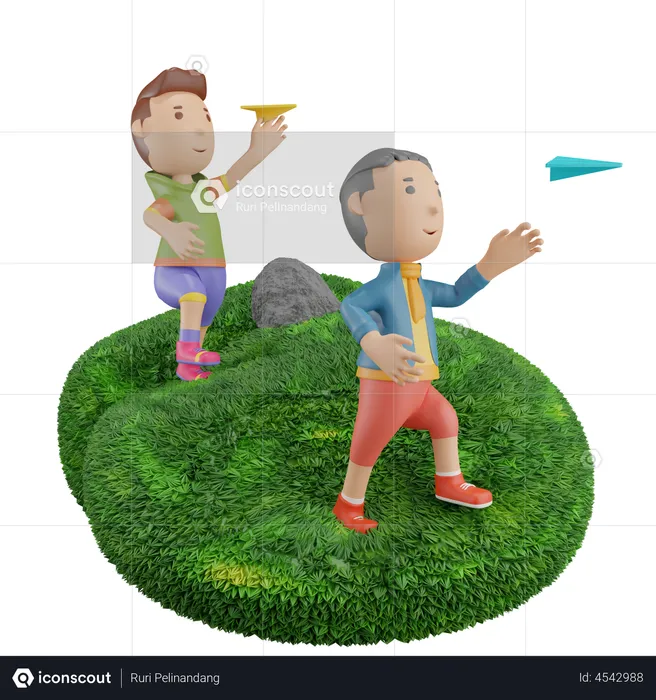 Boys flying paper plane  3D Illustration