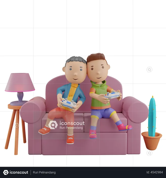 Boys playing video game  3D Illustration