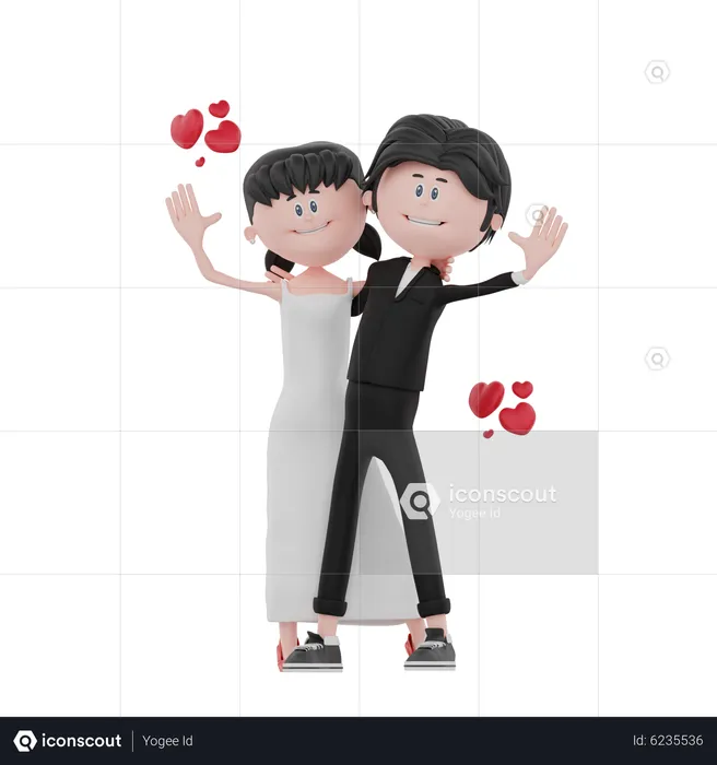Bride and groom waiving hand  3D Illustration