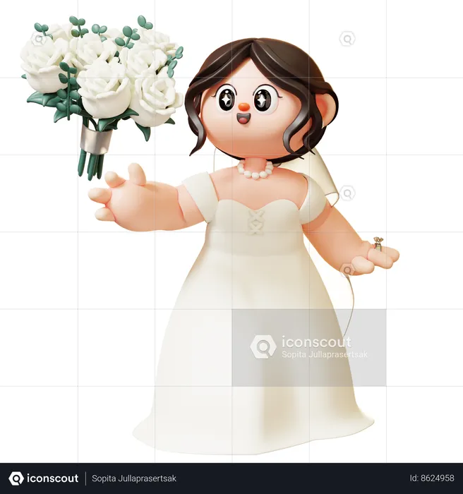 Bride Throwing Bouquet Flower To Wedding Guest  3D Illustration
