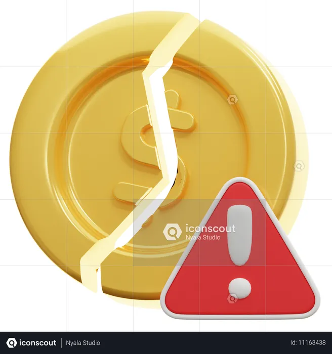 Broken Coin with Warning Sign  3D Icon