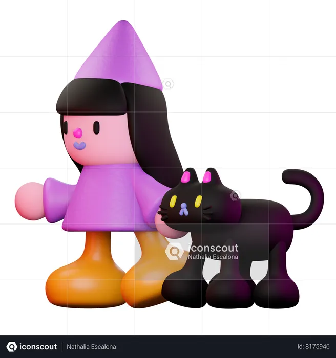 Bruxa e gato andando  3D Illustration